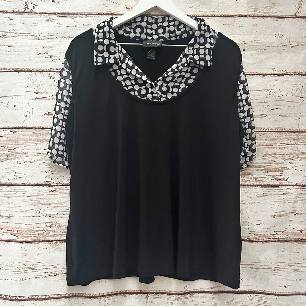 LANE BRYANT Black and White Polka Dot Peek-A-Boo Collar Sleeves Blouse Sz 18 20